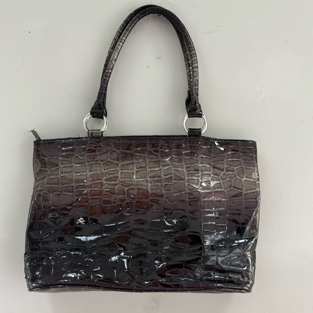 Brown Faux Patent Leather and Snake Skin Print Women's Purse